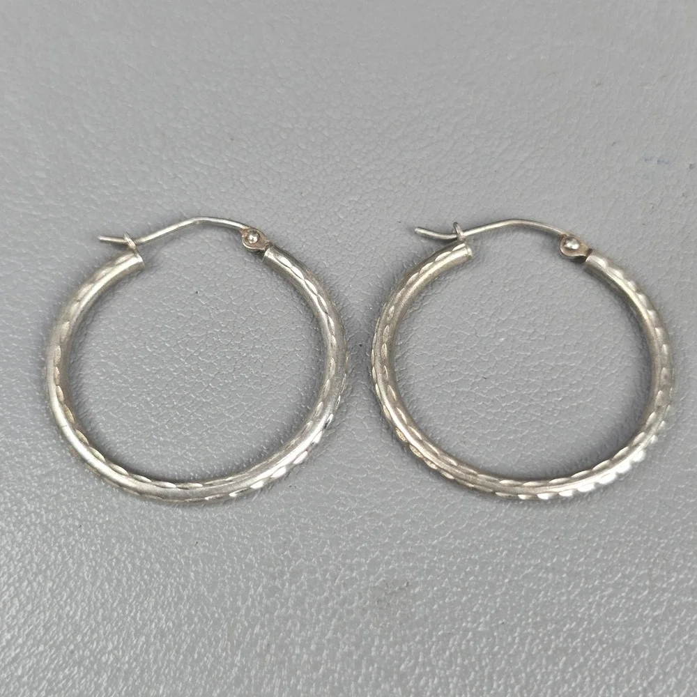 Sterling Silver Diamond Cut Textured Hoop Earrings Latch Back 925